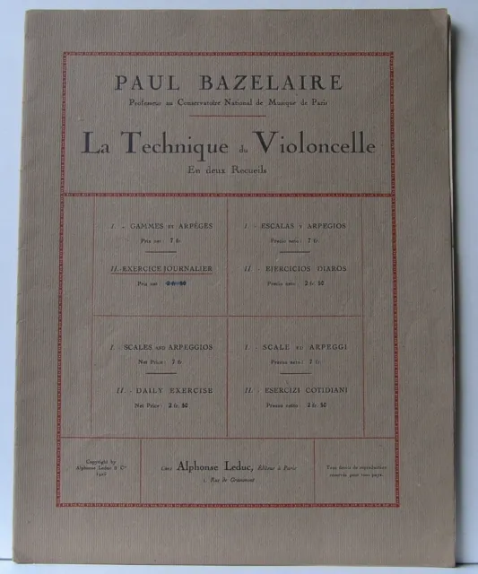 Paul Bazelaire Technique du Violoncelle Exercice Journalier Partition Leduc