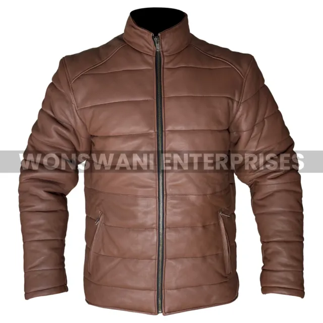 Men's Genuine Leather Puffer Jacket Winter Quilted Lightweight Biker Jacket