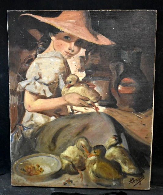 Tableau ancien huile fillette aux cannetons école Française signé XXème