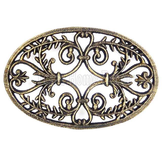 Fleur De Lis Oval Trivet Cast Iron Gold Patina Ornate Scrolls Antique Style