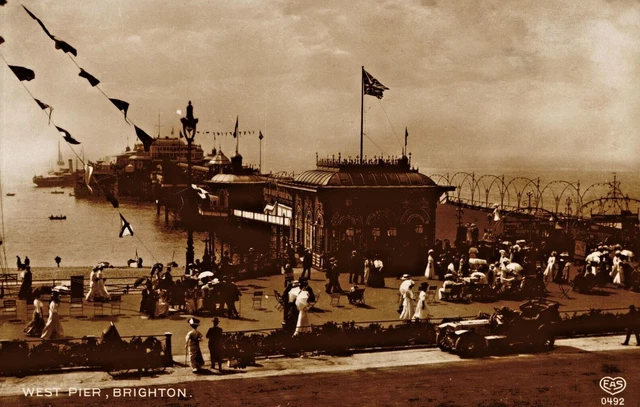 Brighton Sussex Real Photo Postcard 1912 West Pier Animated Tea Room Rolls Royce