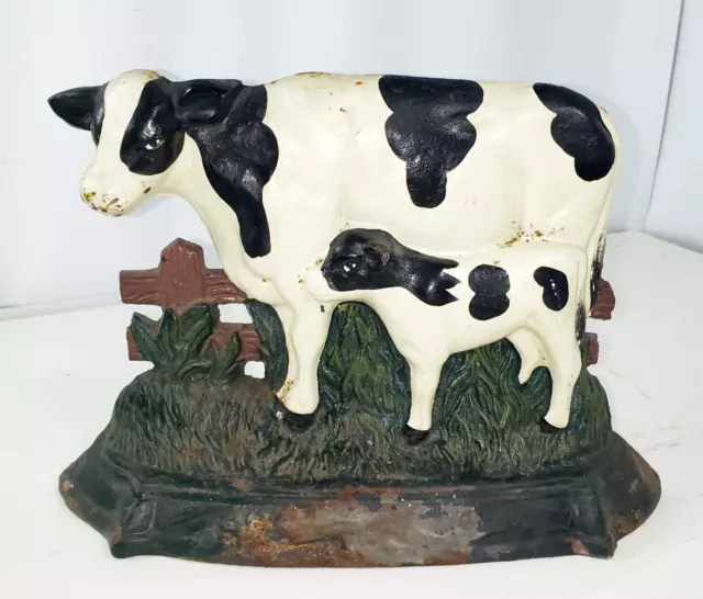 VTG Cast Iron Black & White Dairy Cow with Calf Door Stop 10-7/8" L Rusty Patina