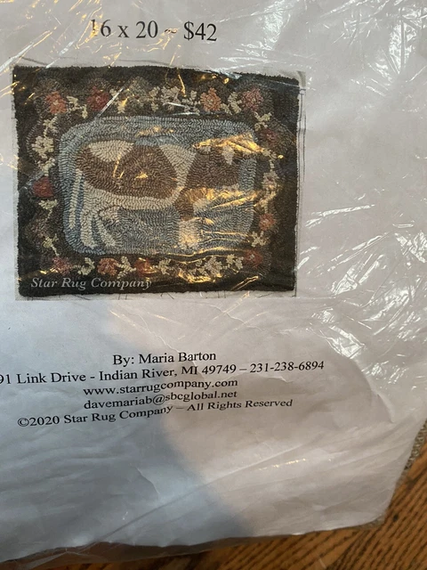 Alfombra primitiva patrón de enganche, alfombra estrella vaca antigua compañía sobre lino nueva