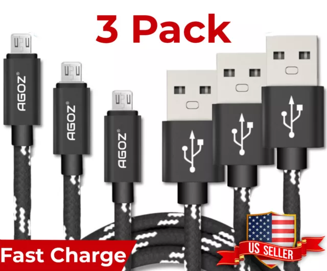 3Pack 4ft, 6ft, 10ft Micro USB Cable FAST Charger Cord for Samsung Galaxy S7, J7