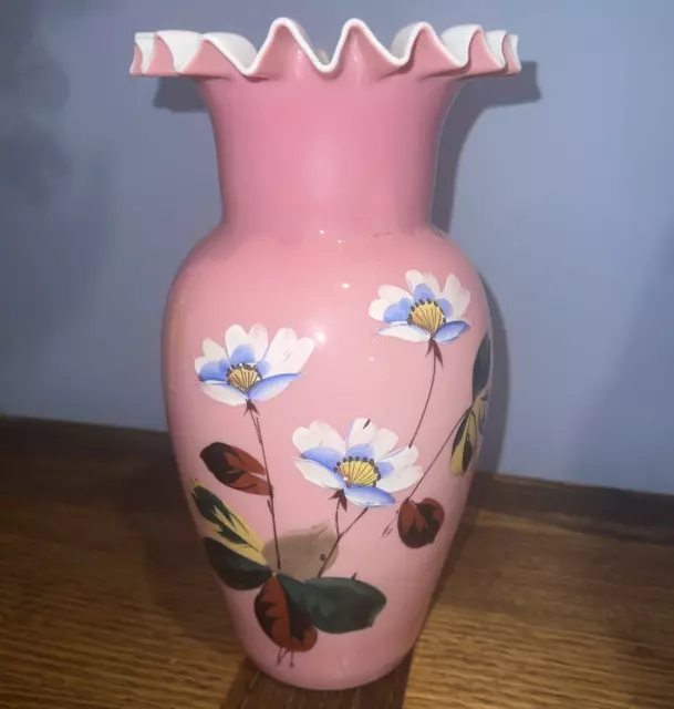 Victorian Era Pink Over White Glass Vase With Hand Painted Design & Ruffled Rim