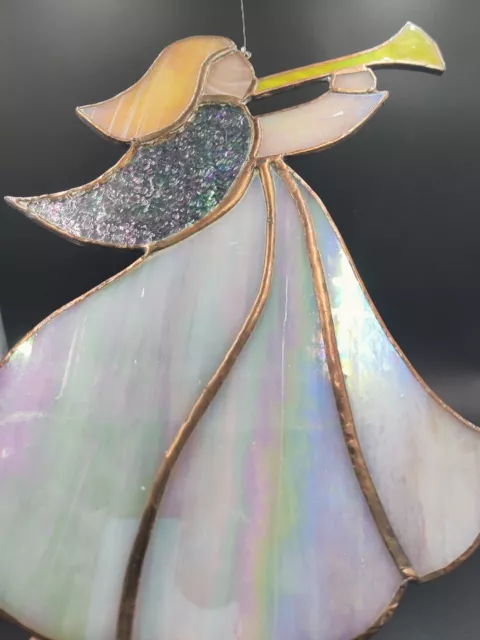 Stained Glass Angel Horn Suncatcher Pearlescent Iridescent 9" Tall Handmade