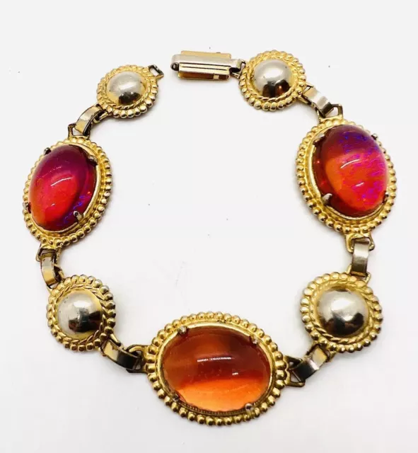 Dragons Breath Faux Opal Glass Cabochon Bracelet Gold Tone Vintage Jewelry