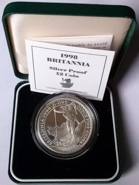 1998 Britannia £2 Silver Proof Coin Cased With Royal Mint COA 2148ex