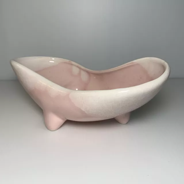 Vintage MCM USA Pottery Pastel Pink Drip Glaze Footed Kidney Shape Planter 8.5"