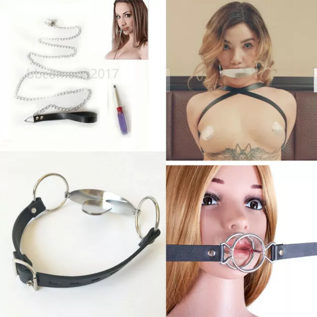 Adjustable Mouth Gag Nose Hook with Leash Stainless Steel Tongue BDSM Bondage