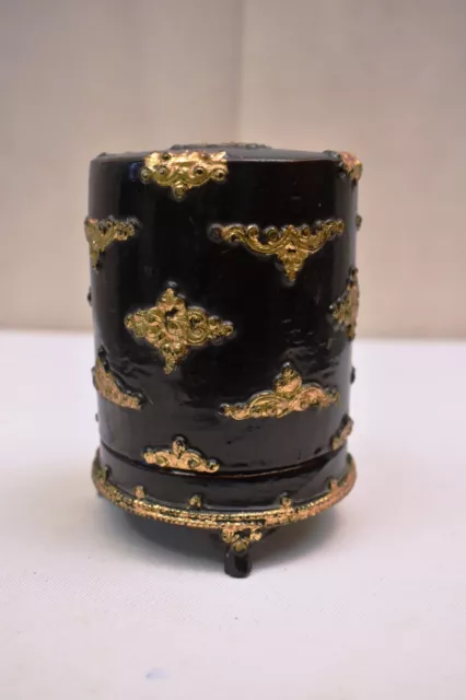 Antique Burmese Betel Box Embossed Gold Design Trinkets Jewellery Box Black Gilt