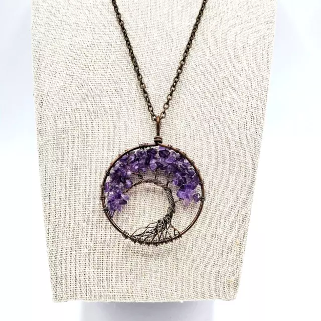 Tree of Life Purple Chip Pendant Necklace Vtg Healing Bronze Wire Rolo Chain 18"