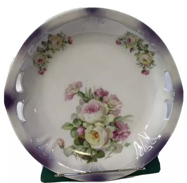 Vintage PK Silesia Porcelain Double Handled Hand Painted Roses Serving Plate 9”D