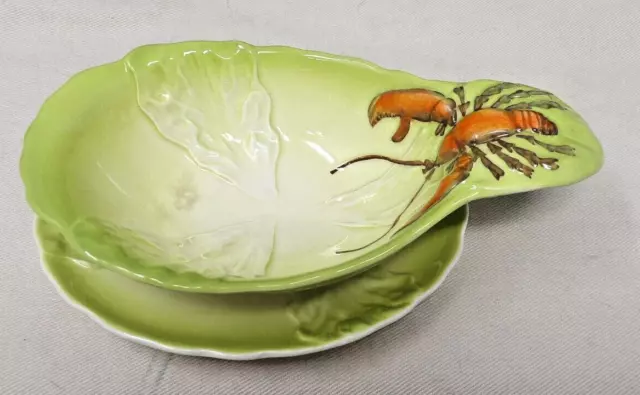 1930s Carlton Ware Green Lettuce/Cabbage Red Lobster Sauce Dish w/Saucer (Crazed