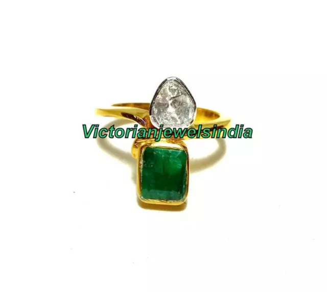 Natural Polki Diamante & Esmeralda Natural Gemas Anillo 925 Anillo Plata de Ley