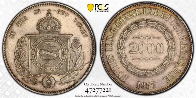 1857 BRAZIL 2000 Reis Silver Coin Pedro II Rio de Janeiro Mint PCGS AU-58