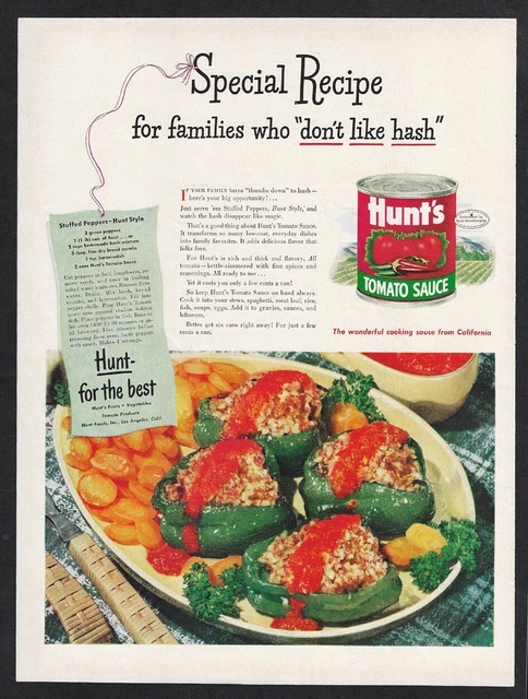 1948 HUNT'S TOMATO SAUCE Ad "Special Recipe for families who don't like hash"