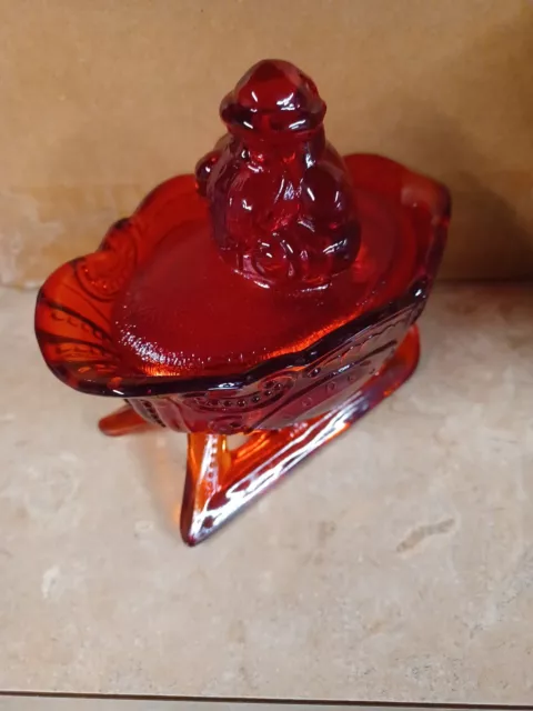 Vintage Westmoreland Red Glass Santa On Sleigh Cadmium Covered Candy Dish