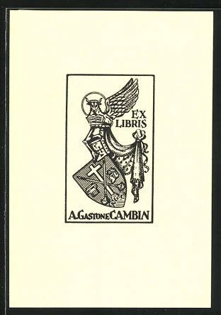 Exlibris von Cambin para A. Gastone Cambin, escudo de armas con casco de caballero y alado