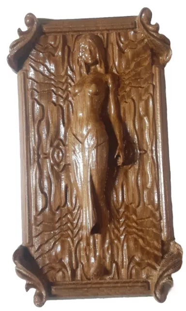 Wood Carving Of Nude Toppless Woman. 4" Width By 7 1/2 Lenght. Carved From Oak.