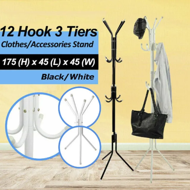 12 Hook 3-Tier Hat Coat Clothes Rack Umbrella Stand Tree Style Metal Hanger New