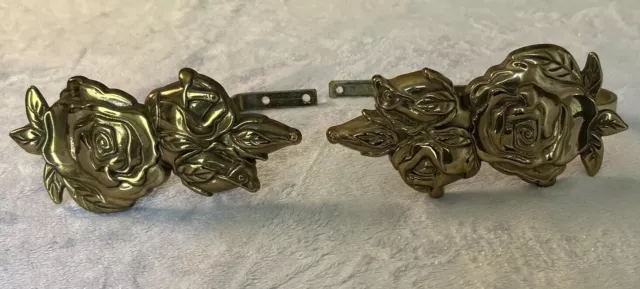 Pair Of MCM Hollywood Regency Style Solid Brass Rose Curtain Tiebacks Coat Hooks