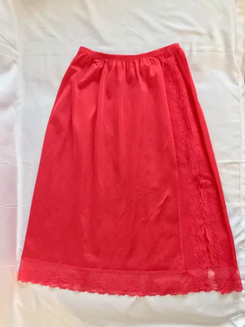 VANITY FAIR Vintage Small Red Nylon Half Slip w/ Lace Trim Hem And Side Slit