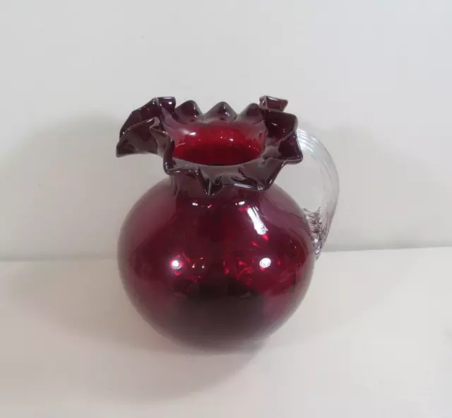 Red Ruffled Inverted Thumbprint Blown Glass Water Pitcher Applied Clear Handle