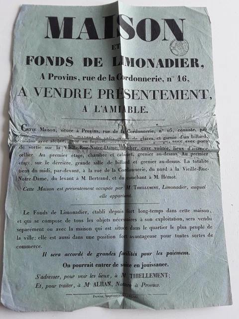 Affiche 1840 vente Fonds de LIMONADIER a Provins