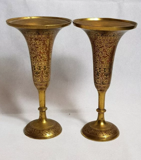 Beautiful Pair of  Orential Brass Vases. Height 19.7 cm Upper Diameter 10.5 cm