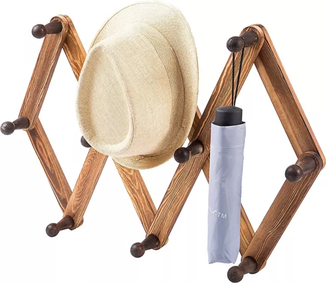 Burnt Wood Wall Mounted Expandable Accordion Peg Coat Rack Hanger with 10 Hooks