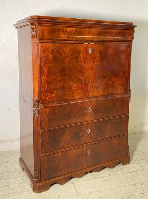Antico Secretaire Biedermeier Doppio Corpo 1800 Noce Mogano Ribalta Scrittoio