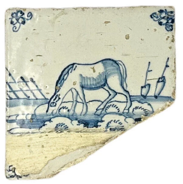 Rare Early 18th C Antique Dutch Delft Blue/White Tile w/Grazing Horse