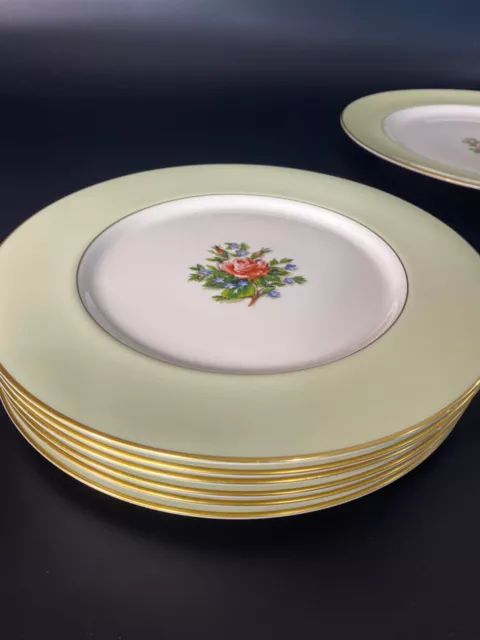FINE ARTS "ROMANCE ROSE" 6 GREEN DINNER PLATES 10.5" IVORY CHINA MADE IN USA lot