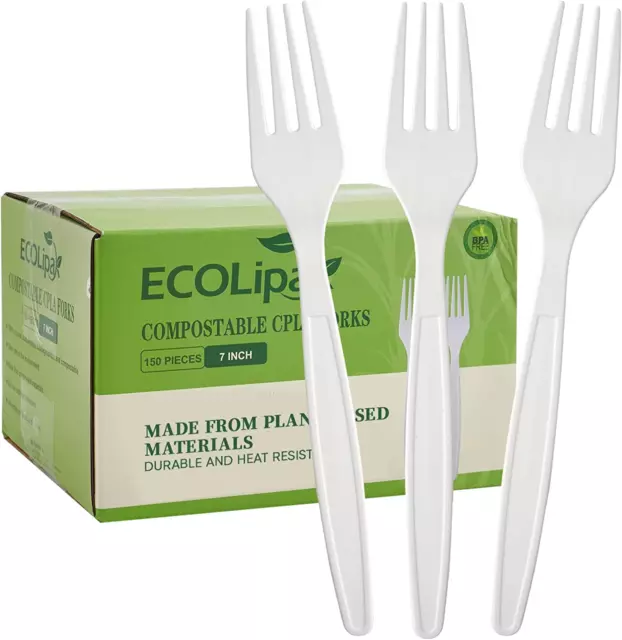 100% Compostable Forks 150 Pack, 7" Large Size Biodegradable Disposable Cutlery