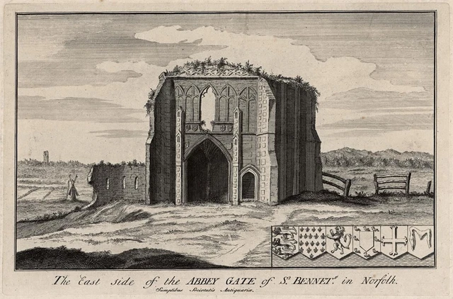 Die Ostseite des Abteitors St. Benet's Norfolk - antike Gravur c1724