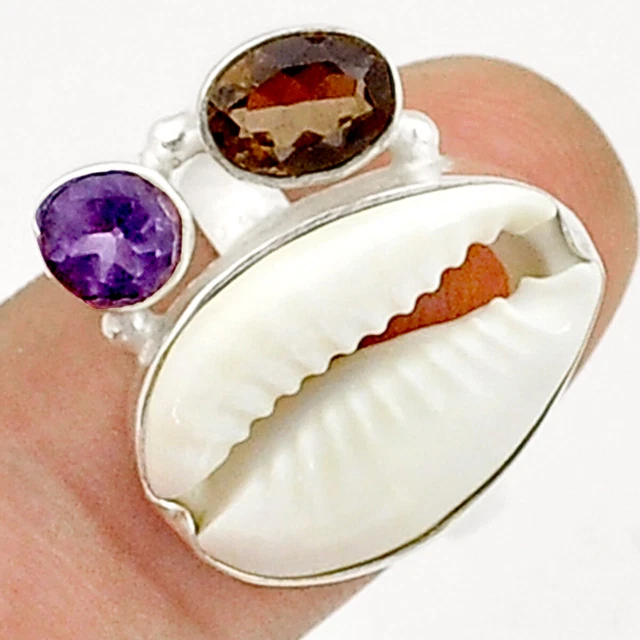 Gift For Her 9.23cts 3 Stone Shell Smoky Topaz Amethyst Ring Size 6 U84163