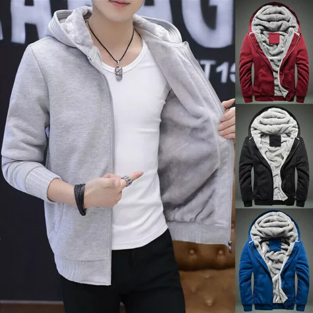 Mens Thick Fleece Fur Lined Hooded Jacket Winter Coat Sweatshirt Hoodie Top Warm
