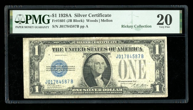DBR 1928-A $1 Silver Funnyback Fr. 1601 JB Block PMG VF-20 Serial J01784587B