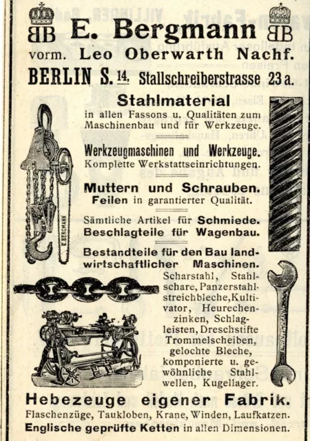 E. Bergmann - Oberwarth Nachf. Berlin STAHLMATERIAL Historische Reklame von 1908