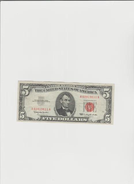1963 Five Dollar RED Seal Note United States Note Old US Bill $5 Lightly Circ