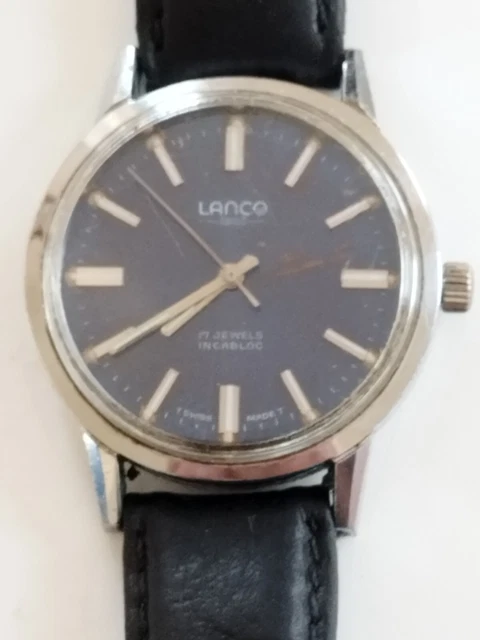 VINTAGE MENS GENTS Lanco 17 Jewel Incabloc Rare Blue Dial Mechanical ...