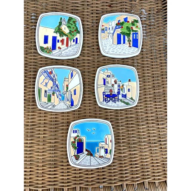 Hermoso Juego de 5 Montañas Pintadas Grecia Santorini Cerámica Colorida