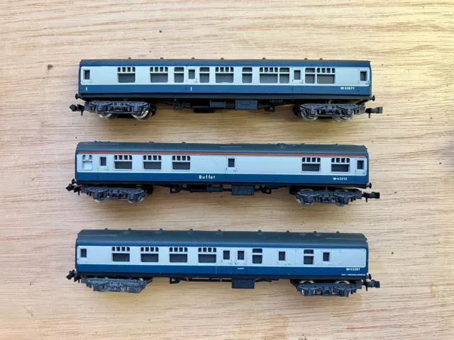 3 x Lima N Gauge Mk 1 Coaches in Blue/Grey Livery - Buffet, CK, BSK Western Reg.