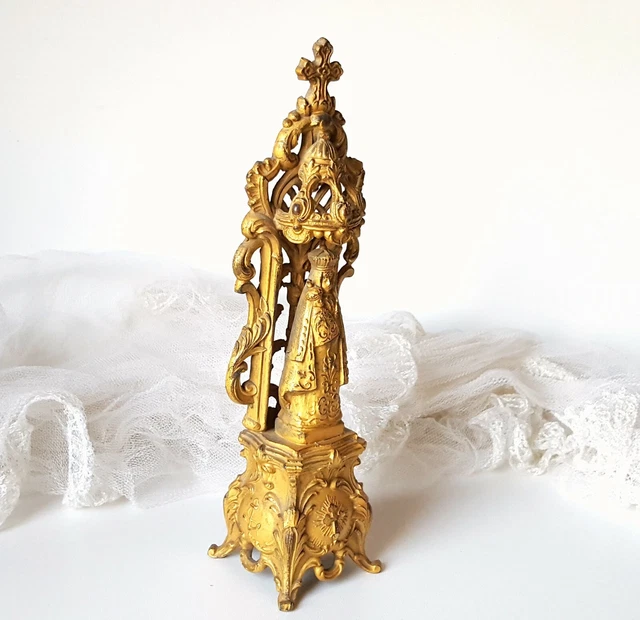 French antique gilted pierced religious statue - Virgin in shrine Jesus child .