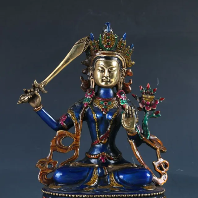 Chinese Cloisonne Handwork Bodhisattva Manjusri Bodhisattv Old Copper Statue