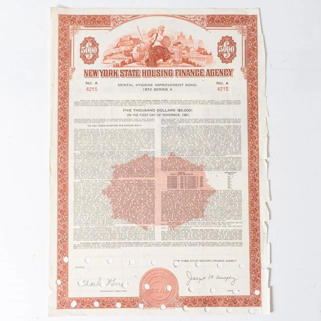 1972 New York State Housing Finance Agency $5000 Bond Mental Hygiene Improvement