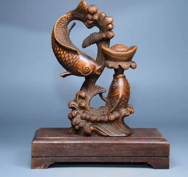 Chinese Old Boxwood Wood Intricately Carved Fish Statue Nice Art Work Home Decor