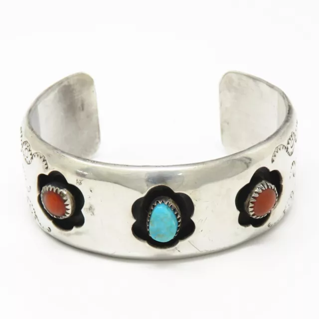 NYJEWEL Sterling Silver Natural Turquoise Coral 25mm Cuff Bracelet 6.5" 46.4g