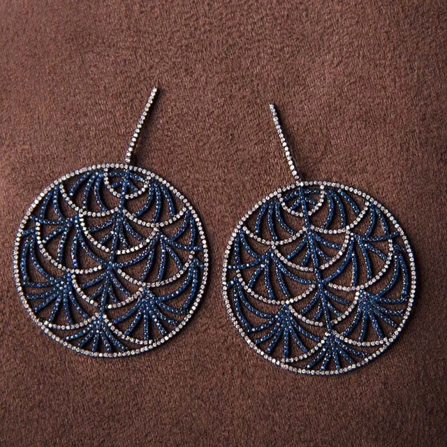 Blue Sapphire Pave Diamond Circle Earring Gold Plated 925 Sterling Silver